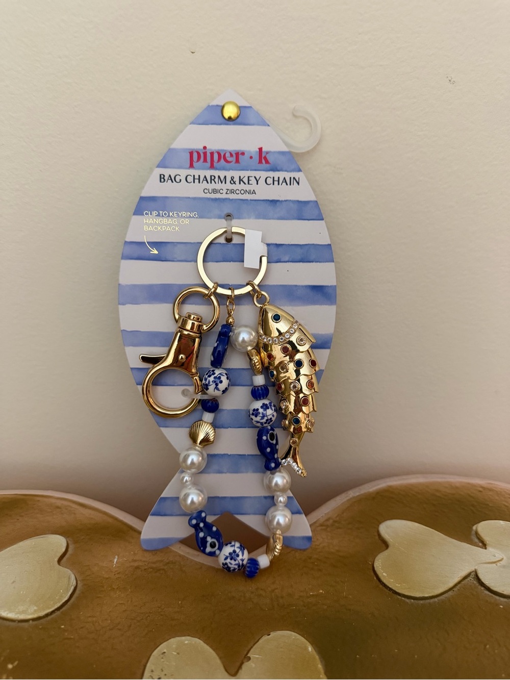 Piper K Beaded & Gold Fish Bag Charm or Keychain